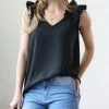 42POPS | Black Ruffle-Trim V-Neck Tank - Women
