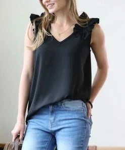 42POPS | Black Ruffle-Trim V-Neck Tank - Women