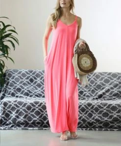 42POPS | Coral Pink V-Neck Cami Pocket Maxi Dress - Women