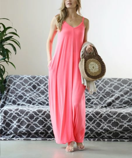 42POPS | Coral Pink V-Neck Cami Pocket Maxi Dress - Women