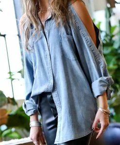 42POPS | Light Denim Eyelet Open-Sleeve Pocket Top - Women