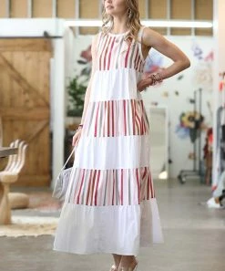 42POPS | White Multicolor Stripe Sleeveless Maxi Dress - Women