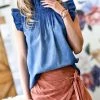 42POPS | Denim Blue Shirred Ruffle Sleeveless Top - Women