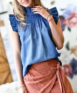 42POPS | Denim Blue Shirred Ruffle Sleeveless Top - Women