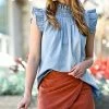 42POPS | Light Denim Shirred Ruffle Sleeveless Top - Women