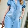 42POPS | Light Denim Ruffle Button-Up Puff-Sleeve Pocket A-Line Dress - Women