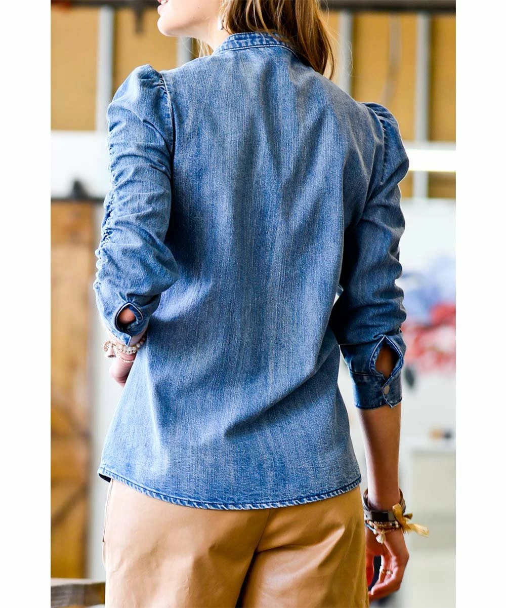 42POPS | Denim Blue Shirred Button-Up Long-Sleeve Top - Women - Image 2