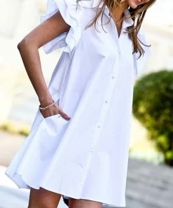 42POPS | White Ruffle-Sleeve Pocket Shirt Dress - Women