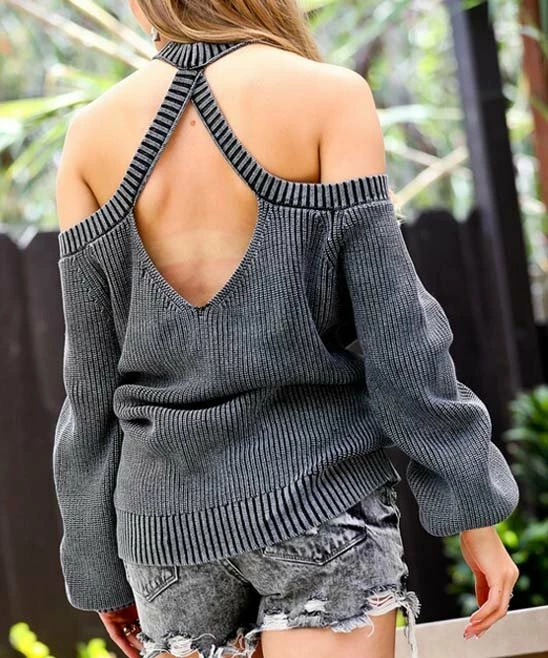 42POPS | Black Washed Cold-Shoulder Halter-Neck Top - Women - Image 2