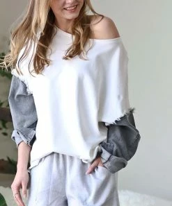 42POPS | Off-White & Denim Gray Fringe Long-Sleeve Top - Women