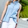 42POPS | Light Denim Ruffle Button-Up Sleeveless Top - Women