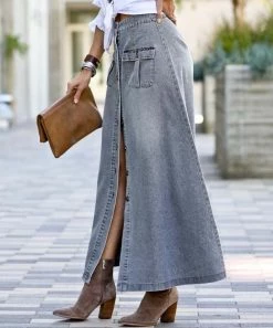42POPS | Denim Gray Washed Button-Up Pocket Maxi Skirt - Women