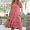 42POPS | Ash Rose Round-Neck Short-Sleeve Ruffle-Hem Dress - Women