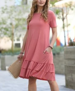 42POPS | Ash Rose Round-Neck Short-Sleeve Ruffle-Hem Dress - Women