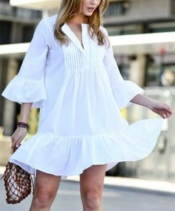 42POPS | Off-White Pleated Button-Front Poet-Sleeve Ruffle-Hem Dress - Women