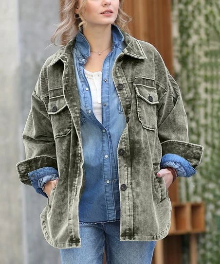 42POPS | Dark Olive Corduroy Pocket Shacket - Women