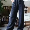 42POPS | Blue Gray Mineral Wash Raw-Edge Drawstring Pocket Pants - Women