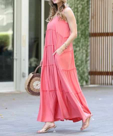 42POPS | Deep Coral V-Neck Sleeveless Tiered Pocket Maxi Dress - Women