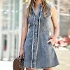 42POPS | Black Denim Distressed Fringe Sleeveless Button-Up A-Line Dress - Women