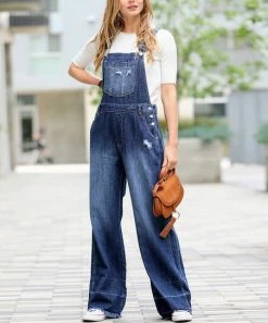 42POPS | Dark Blue Denim Distressed Pocket Wide-Leg Overalls - Women