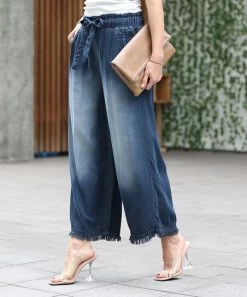 42POPS | Midnight Chambray Tie-Waist Pocket Crop Wide-Leg Paper Bag Jeans - Women