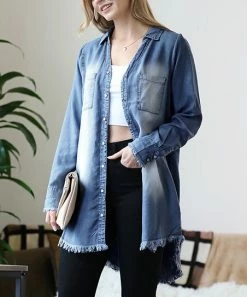 42POPS | Dark Chambray Frayed Long-Sleeve Button-Up - Women