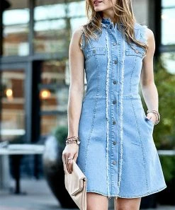 42POPS | Light Denim Distressed Fringe Sleeveless Button-Up A-Line Dress - Women