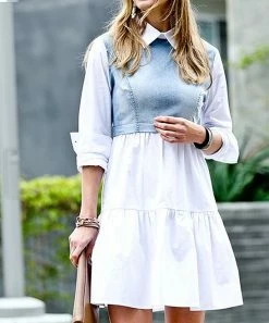 42POPS | Light Blue & White Contrast Zipper-Back Long-Sleeve A-Line Dress - Women