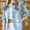 42POPS | Light Blue Washed Ruffle-Accent Pocket Denim Jacket - Women