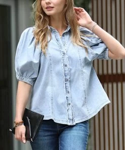 42POPS | Denim Blue Distressed Balloon-Sleeve Button-Up - Women