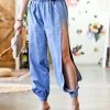 42POPS | Blue Washed Elastic-Waist Deep-Side-Slit Denim Joggers - Women