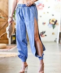 42POPS | Blue Washed Elastic-Waist Deep-Side-Slit Denim Joggers - Women