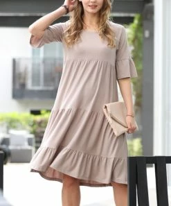 42POPS | Ash Mocha Ruffle-Accent Short-Sleeve Tiered Shift Dress - Women