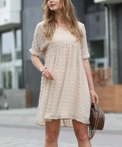 42POPS | Beige Swiss Dot V-Neck Empire-Waist Dress - Women