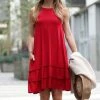 42POPS | Red Crewneck Ruffle-Hem Pocket Sleeveless Dress - Women