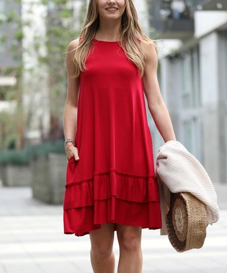 42POPS | Red Crewneck Ruffle-Hem Pocket Sleeveless Dress - Women