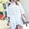 42POPS | Off-White Eyelet Three-Quarter Sleeve Hi-Low Shirt Dress - Women