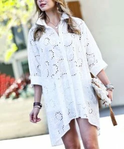 42POPS | Off-White Eyelet Three-Quarter Sleeve Hi-Low Shirt Dress - Women