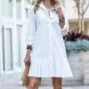 42POPS | Off-White Button-Front Three-Quarter Sleeve Pleated-Hem Dress - Women