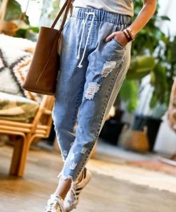 42POPS | Denim Blue Distressed Drawstring-Waist Crop Pocket Jeans - Women