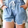 42POPS | Light Denim Blue Distressed Drawstring-Waist Pocket Shorts - Women
