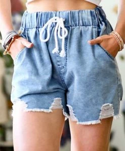 42POPS | Light Denim Blue Distressed Drawstring-Waist Pocket Shorts - Women