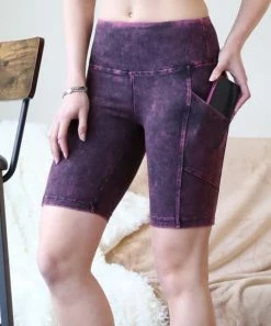 42POPS | Blackberry Mineral-Wash Wide-Waistband Pocket Bike Shorts - Women