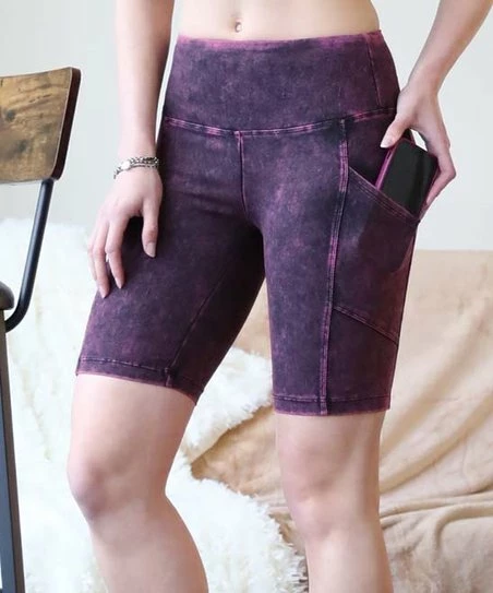 42POPS | Blackberry Mineral-Wash Wide-Waistband Pocket Bike Shorts - Women