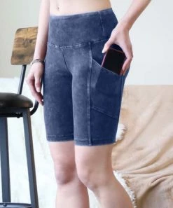 42POPS | Blue Gray Mineral-Wash Wide-Waistband Pocket Bike Shorts - Women