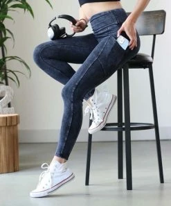 42POPS | Blue Gray Mineral-Wash Wide-Waistband Pocket Leggings - Women