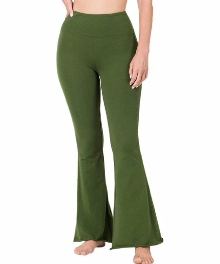 42POPS | Army Green Wide-Waistband Raw-Cuff Flare Yoga Pants - Women