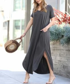 42POPS | Ash Gray Side-Slit V-Neck Short-Sleeve Maxi Dress - Women