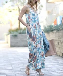 42POPS | Blue Tie-Dye Ajudstable-Strap Camisole Maxi Dress - Women