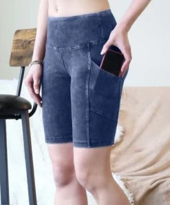 42POPS | Blue Gray Mineral Wash Wide-Waistband Pocket Bike Shorts - Women